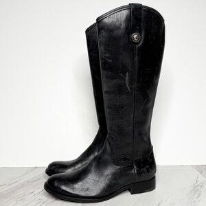 Frye Melissa Button Inside Zipper Black Leather Riding Tall Boot 6B